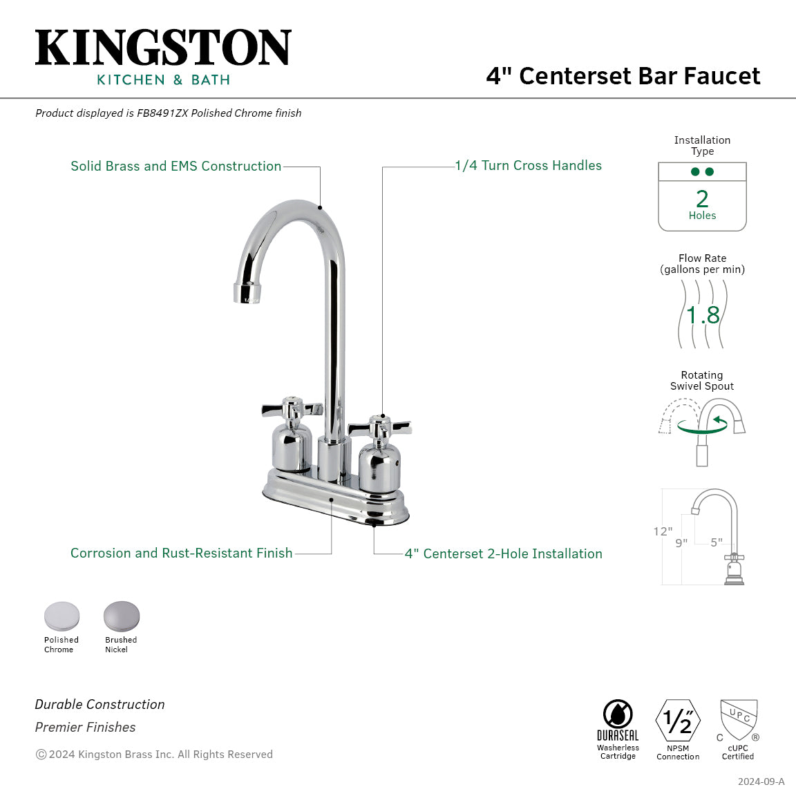 Kingston Tulare FB8498ZX - Millennium Two-Handle 2-Hole Deck Mount Bar Faucet, Brushed Nickel — thumbnail 2